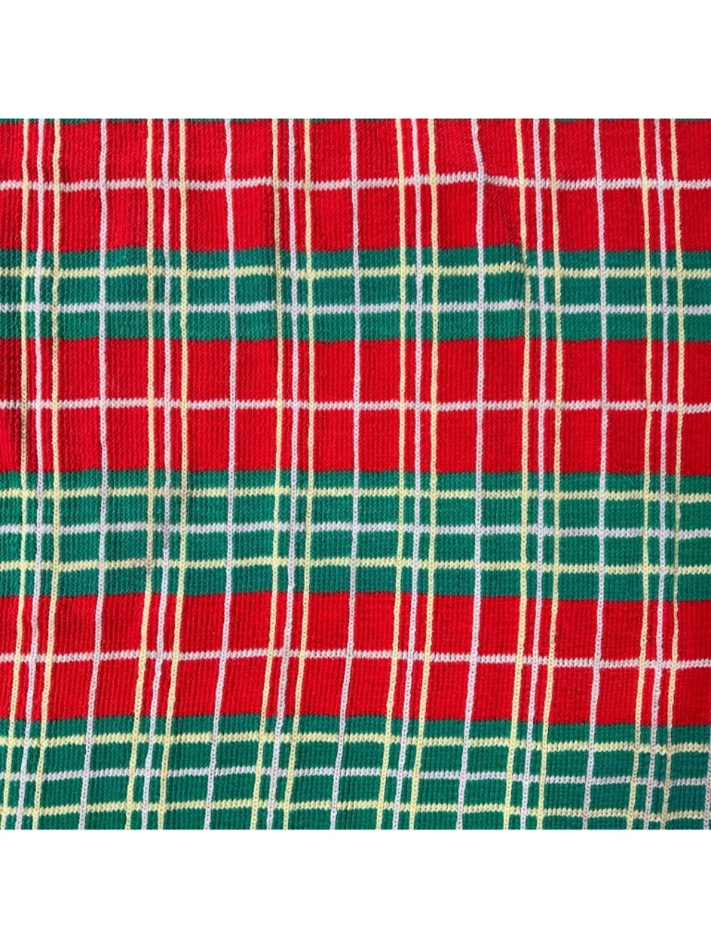 Vintage Handmade Afghan Blanket Red Green Plaid Crochet Fringe Retro Christmas
